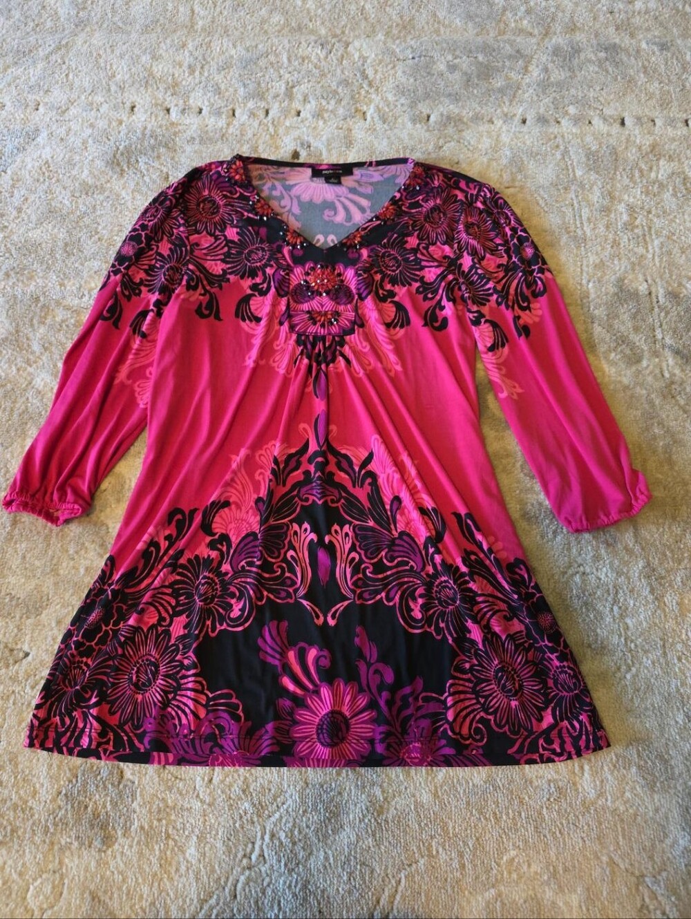 Style & Co Pink Black Floral Beaded Tunic Top Y2K 2000s Boho Size L